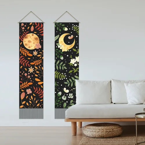 Miniatura 4 de AHANDMAKER 2 tapices de flores y hojas, tapiz de sol y luna, psicodélico largo vertical para colgar en la pared, tapices de estética botánica, tapiz