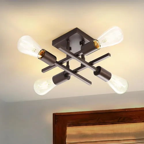 Miniatura 7 de Lámpara industrial de techo semiempotrada de 4 luces, lámpara de araña negra de granja, moderna lámpara de techo Sputnik con base E26 para cocina