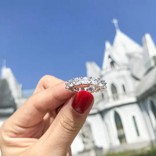 Miniatura 7 de Ainuoshi - Anillo de eternidad, anillo de plata de ley 925 para mujer, esmeralda, ovalada, radiante, redondo, corte cojín, de circonia cúbica