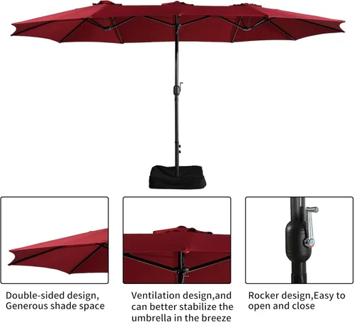 Miniatura 3 de Boyel Living Sombrilla de patio de 15 pies con base incluida, sombrilla de doble cara para exteriores, sombrilla extragrande para patio Rojo