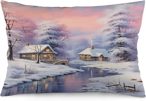 Miniatura 16 de Funda de almohada con escena de pueblo navideño con niños, fundas de almohada de 12 x 20 pulgadas, almohadas decorativas de Navidad para sofá, funda