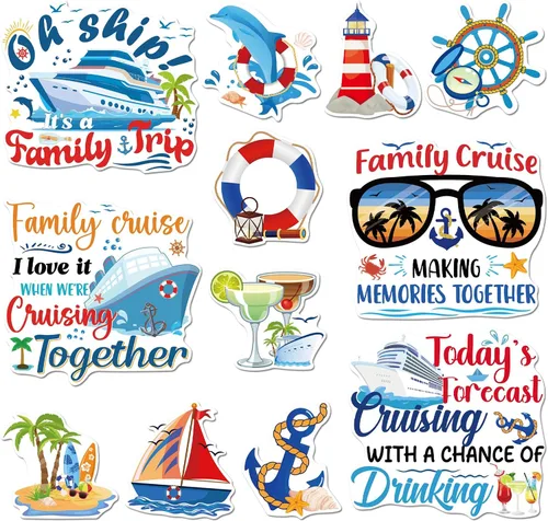 Decoraciones magnéticas para puerta de crucero, 12 piezas de imanes náuticos tropicales familiares para crucero, divertidos letreros magnéticos para