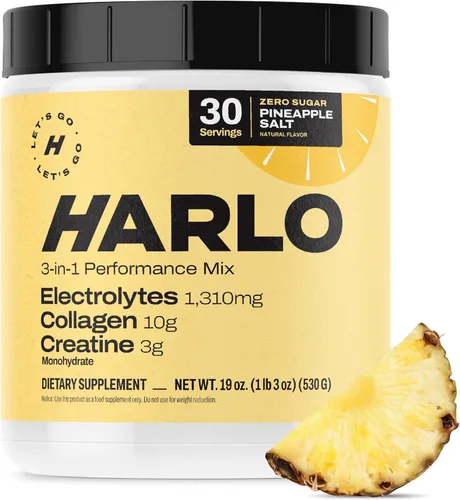 Harlo Electrolitos en polvo 3 en 1 con colágeno y creatina, hidratación, apoyo muscular y articular | Certificado NSF | Cero azúcar | Sal de piña |