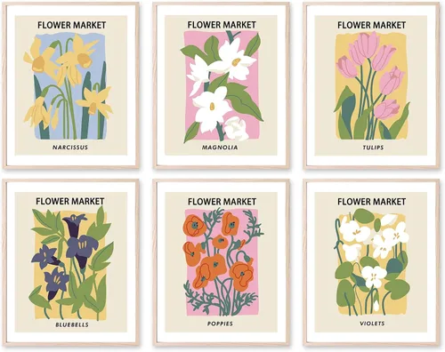 YIXIHOMPT Flower Market Gallery - Juego de 6 impresiones en lienzo botánico floral vintage, póster bohemio minimalista retro para decoración del