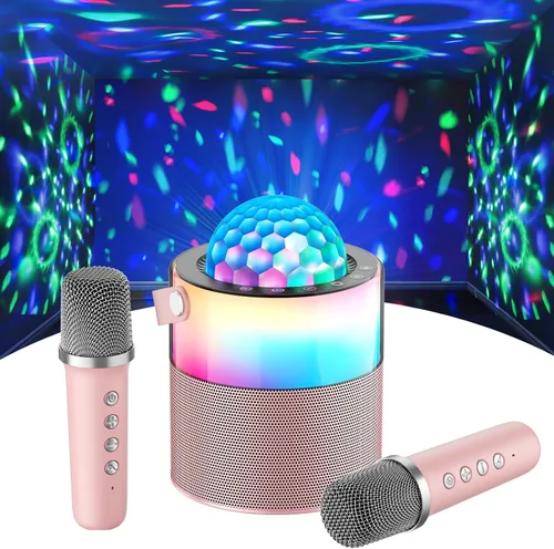 Miniatura 11 de Máquina de karaoke para niños, altavoz Bluetooth portátil con micrófono inalámbrico y luces LED, efectos de voz mágicos, para niñas, fiesta en casa