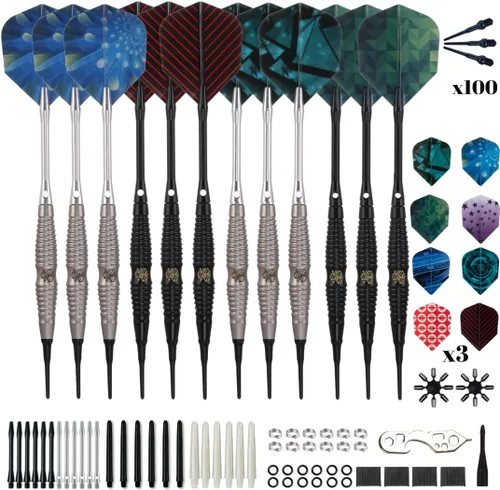 Miniatura 9 de Shot Taker Co. - Juego de dardos de punta suave, 12 piezas con 100 puntas de dardos adicionales, 24 protectores de vuelo y llave para tablero