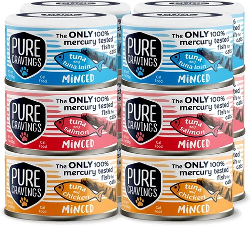 Miniatura 8 de Pure Cravings Comida enlatada húmeda de atún y caballa picada para gatos, 100% atún probado con mercurio, lata húmeda para gatos, sin granos