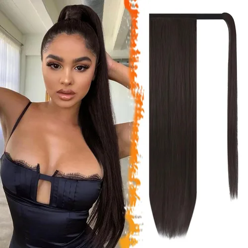 Miniatura 13 de BARSDAR Extensión de cola de caballo de 28 pulgadas largo recto envoltura alrededor del clip en pelo de fibra sintética para mujeres, negro