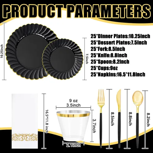 Miniatura 2 de Ciaell 175 platos de plástico festoneado negro con ribete dorado, cubiertos de plástico negro con asa, juegos de vajilla de alta gama para bodas