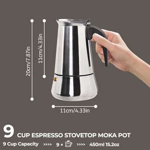 Miniatura 2 de Cafetera Moka de acero inoxidable, 9 tazas de 450ml (15.2 fl oz), cafetera de café expreso para estufa, cafetera estilo clásico italiano, Greca