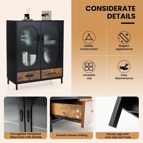 Miniatura 8 de Giantex Armario buffet con 2 cajones, aparador de madera, armario de pie de 2 niveles con puertas de vidrio templado, gabinete de almacenamiento