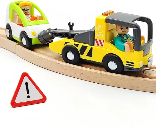 Miniatura 9 de Set de vagones de tren de madera con pista Accesorios para pista de tren con excavadora y camión volquete Vehículos pequeños Vagones de tren