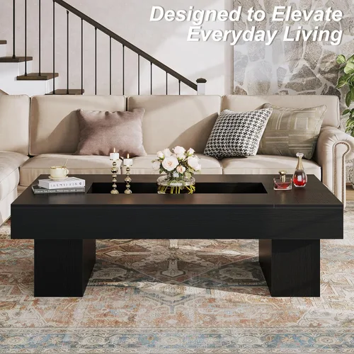 Miniatura 9 de LVB - Mesa de café negra, mesa de sala moderna de madera con LED y almacenamiento, mesa central única de gran tamaño y forma rectangular con luz