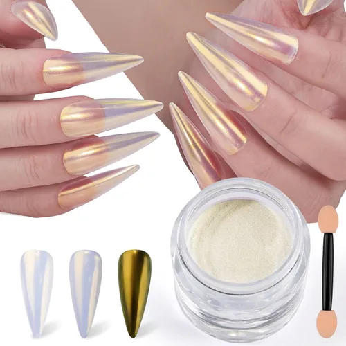 Polvo de uñas cromado Moonlight, polvo de uñas cromado Aurora Pearl efecto espejo holográfico blanco brillante pigmento de azúcar polvo purpurina