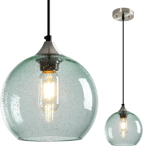 Miniatura 42 de Luces colgantes de cristal verde claro, iluminación de isla de cocina, luminarias de luz colgante de globo, iluminación colgante moderna