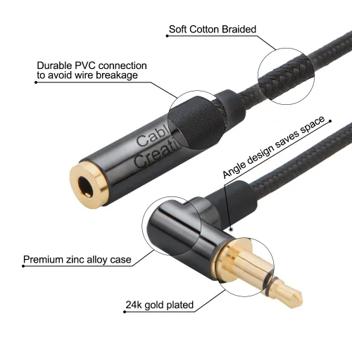 Miniatura 2 de CableCreation Cable de extensión de auriculares de 3.5mm 1.5 pies/0.45 m, cable estéreo de audio de ángulo recto de 3.5mm con cobre plateado