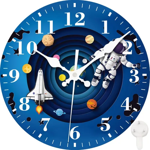 Reloj de pared, astronauta y planetas espaciales, silencioso, sin tictac, funciona con pilas, redondo, decorativo, para interiores y exteriores,