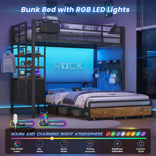 Miniatura 4 de DICTAC Litera individual sobre tamaño matrimonial con 4 cajones de almacenamiento y estantería abierta de 3 niveles de metal con luces LED, estación