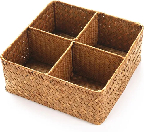 Cesta de almacenamiento tejida de hierba marina con 4 secciones divididas, cesta de mimbre organizadora para encimeras/armario/estante/aparador