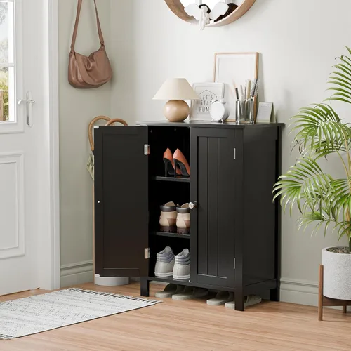 Miniatura 2 de SUPER DEAL Armario de almacenamiento moderno para el suelo del baño con estante ajustable y doble puerta a prueba de óxido, para sala de estar