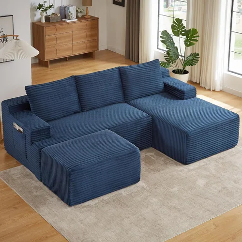 Miniatura 19 de Sofá modular Cloud de 95 pulgadas con otomana, moderno sofá nube en forma de U con asiento profundo, cómodo sofá de pana de 3 plazas, sofá de espuma