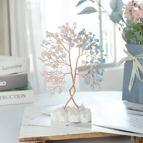 Miniatura 3 de mookaitedecor Árbol de cristal natural de cuarzo rosa y aguamarina con doble corazón de roca de cuarzo con base de piedra, bonsái, árbol de la vida