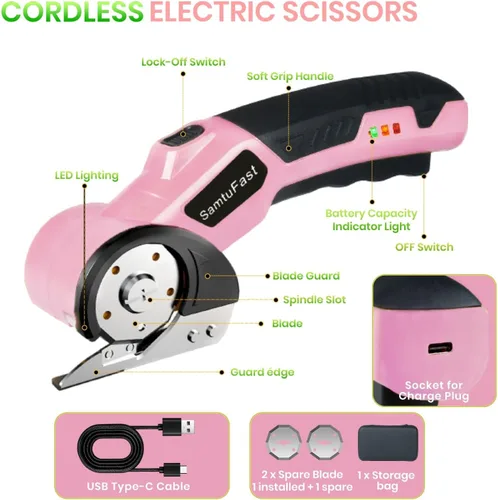 Miniatura 4 de Tijeras eléctricas inalámbricas, cortador de caja recargable de 4 V eléctrico con caja de almacenamiento, 2 cuchillas, cable de carga USB, cortador