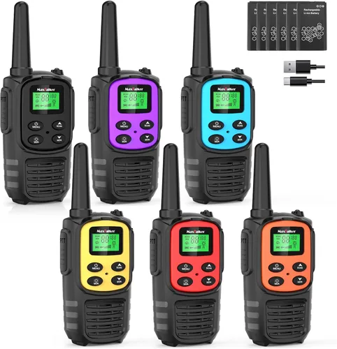 Walkie Talkies MaxTalker de largo alcance para adultos, recargables, paquete de 6 con 22 canales FRS, radios de 2 vías, NOAA, batería de iones de