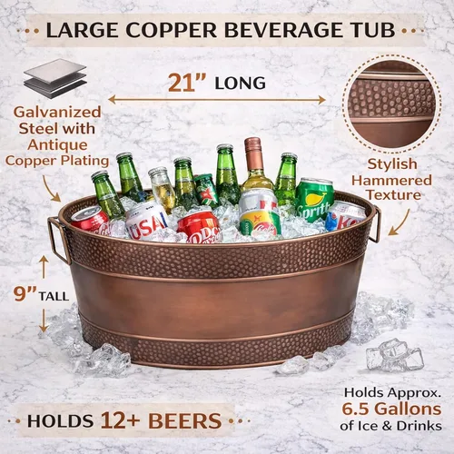 Miniatura 5 de BREKX Aspen Tina Galvanizada, Enfriador de Hielo y Bebidas de Metal con Acabado de Cobre para Fiestas, Enfriador de Fiestas Sellado Resistente a