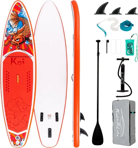 FEATH-R-LITE Tabla de remo inflable para adultos SUP con bomba de accesorios premium, pala ajustable, correa, tres aletas, mochila