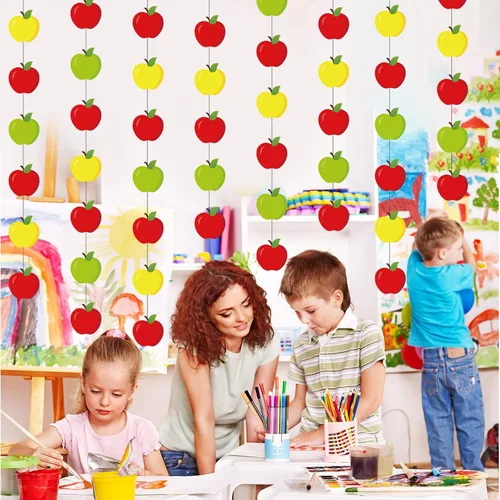 Miniatura 4 de Sinload 8 piezas de decoraciones de manzana para el aula, guirnalda de manzanas rojas, pancarta de regreso a la escuela, recortes de papel