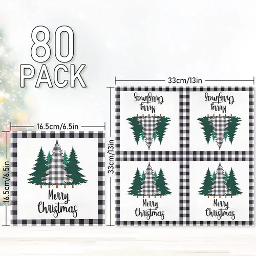 Miniatura 2 de Whaline Paquete de 80 servilletas de Navidad de papel con diseño de árbol de Navidad, diseño de búfalo blanco y negro, servilletas desechables