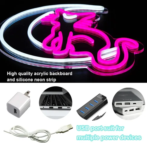 Miniatura 3 de SmilingTown Letreros de neón rosa y blanco para decoración de pared, funciona con USB, luces decorativas de neón de luna y gato para el hogar