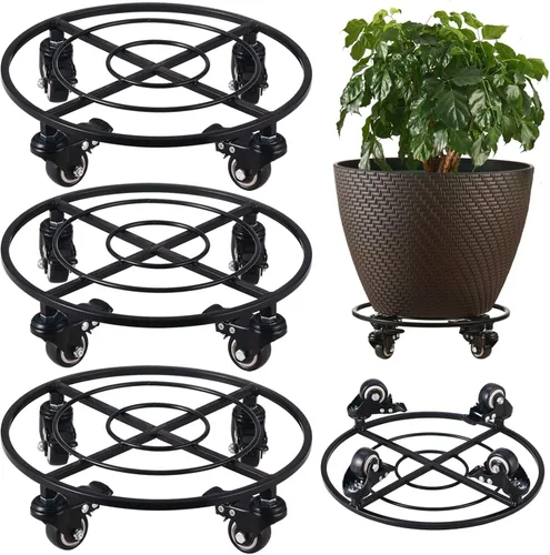 Miniatura 11 de Paquete de 2 organizadores grandes de metal para plantas con ruedas de 13.6 pulgadas, soportes rodantes para plantas de hierro forjado, rodillos