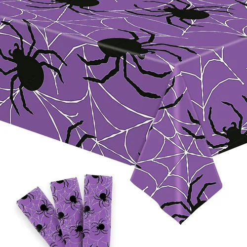 KatchOn, Mantel de plástico color morado, 54 x 90 pulgadas, paquete de 3 manteles de tela de araña, decoraciones de mesa, mantel de plástico negro y