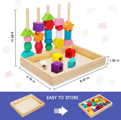 Miniatura 5 de TooyBing Montessori - Juguetes de madera con cordones para niños pequeños de 3 a 4 años, juguete de bloques de secuenciación y apilamiento con caja