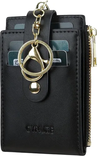 Tarjetero de cuero para mujer, con bloqueo RFID, delgado y pequeño, con cremallera, llavero, bolsillo frontal, con 2 ventanas para identificación,