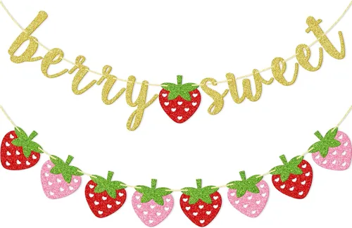 Banner dulce de fresa y bayas, decoraciones de fiesta de fresa | Suministros de fiesta temática de bayas de verano con purpurina dorada para baby