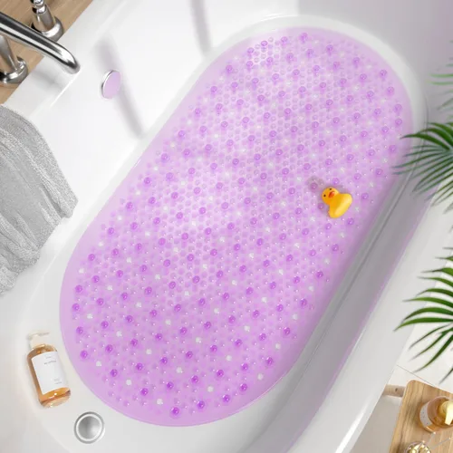 Miniatura 17 de HITSLAM Tapete antideslizante para bañera, 27 x 15 pulgadas, con ventosas y orificios de drenaje, lavable a máquina, ovalado, para niños, personas