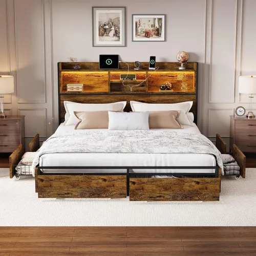 Miniatura 9 de LARMACE Base de cama tamaño Queen con 6 cajones de almacenamiento y cabecero, plataforma de madera con luces LED y estación de carga, fácil montaje