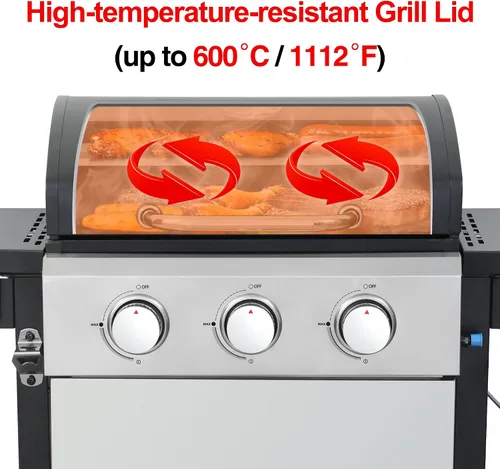 Miniatura 6 de Parrilla de gas propano de 3 quemadores de acero inoxidable, salida de 30,000 BTU, rejillas de esmalte de porcelana, sistema de calefacción uniforme