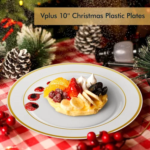 Miniatura 8 de Vplus 100 piezas de platos de plástico dorados de 10 pulgadas desechables, platos de plástico resistentes blancos elegantes y duraderos con borde