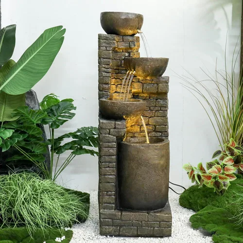 Miniatura 9 de Hamiedun Fuente de agua de 38.2 pulgadas de alto para exteriores, cuencos en cascada y piedras apiladas con luces LED, fuente de cascadas