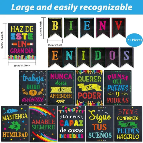 Miniatura 2 de gisgfim 21 pósteres inspiradores españoles de Bienvenidos, color negro, colorido, motivacional, juego de tablones de anuncios para el aula, oficina
