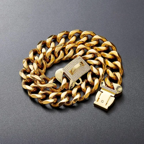 Miniatura 6 de Collar de acero inoxidable con eslabones de oro cubano resistente para perros pequeños, medianos y grandes, collar de perro de bulldog francés