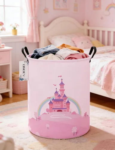 Miniatura 5 de Cesto de Ropa Sucia, Cesta de Almacenamiento Redonda Impermeable con Asa, Plegable, Castillo Rosa, 19.7 pulgadas (Alto) x 15.7 pulgadas (Diámetro)