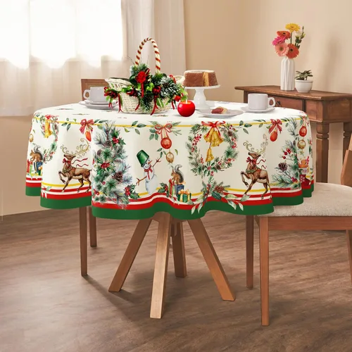 Yighty Mantel Redondo de Navidad de 60 x 60 pulgadas, Mantel de Mesa de Decoración Navideña de Árbol y Alce, Poliéster Impermeable y Resistente a