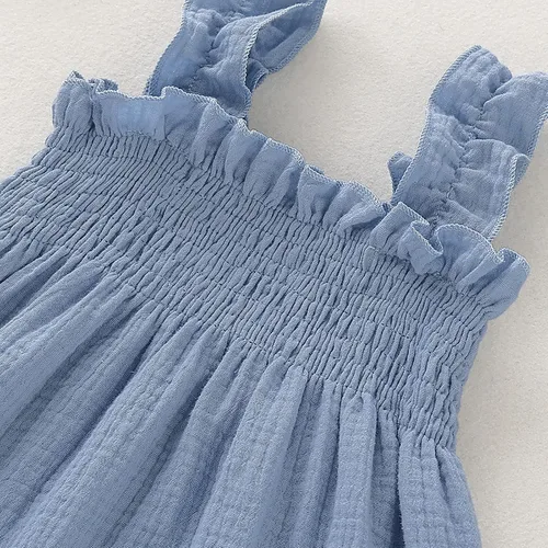 Miniatura 4 de Vestido de lino de algodón sólido sin mangas con tirantes de playa para niñas pequeñas (azul claro, 18-24 meses)