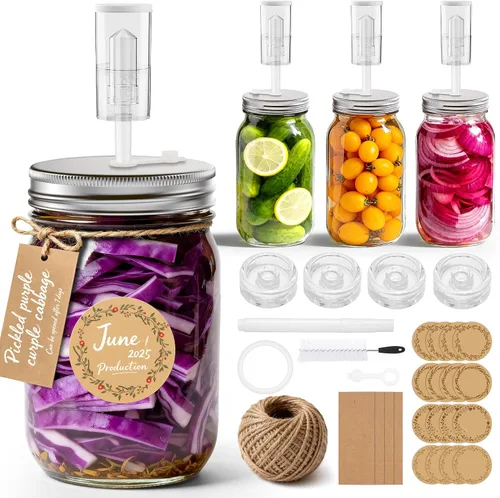 Kit de fermentación de 4 unidades para todos los frascos Mason de boca ancha (cuatro tarros Mason de 32 oz incluidos), frascos de fermentación,