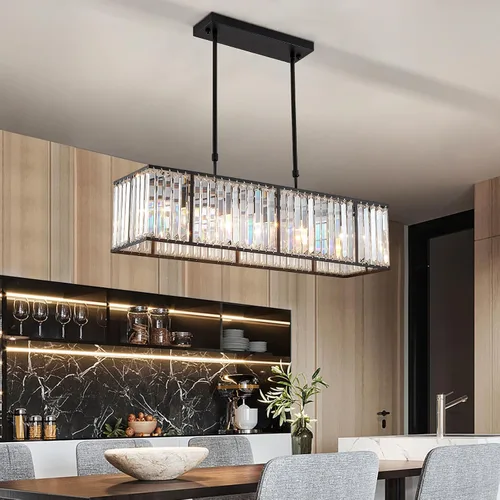 Miniatura 2 de Siljoy Candelabro rectangular moderno de cristal, 5 luces, color negro, rectangular, con forma de gota de lluvia, lámpara de techo colgante lineal